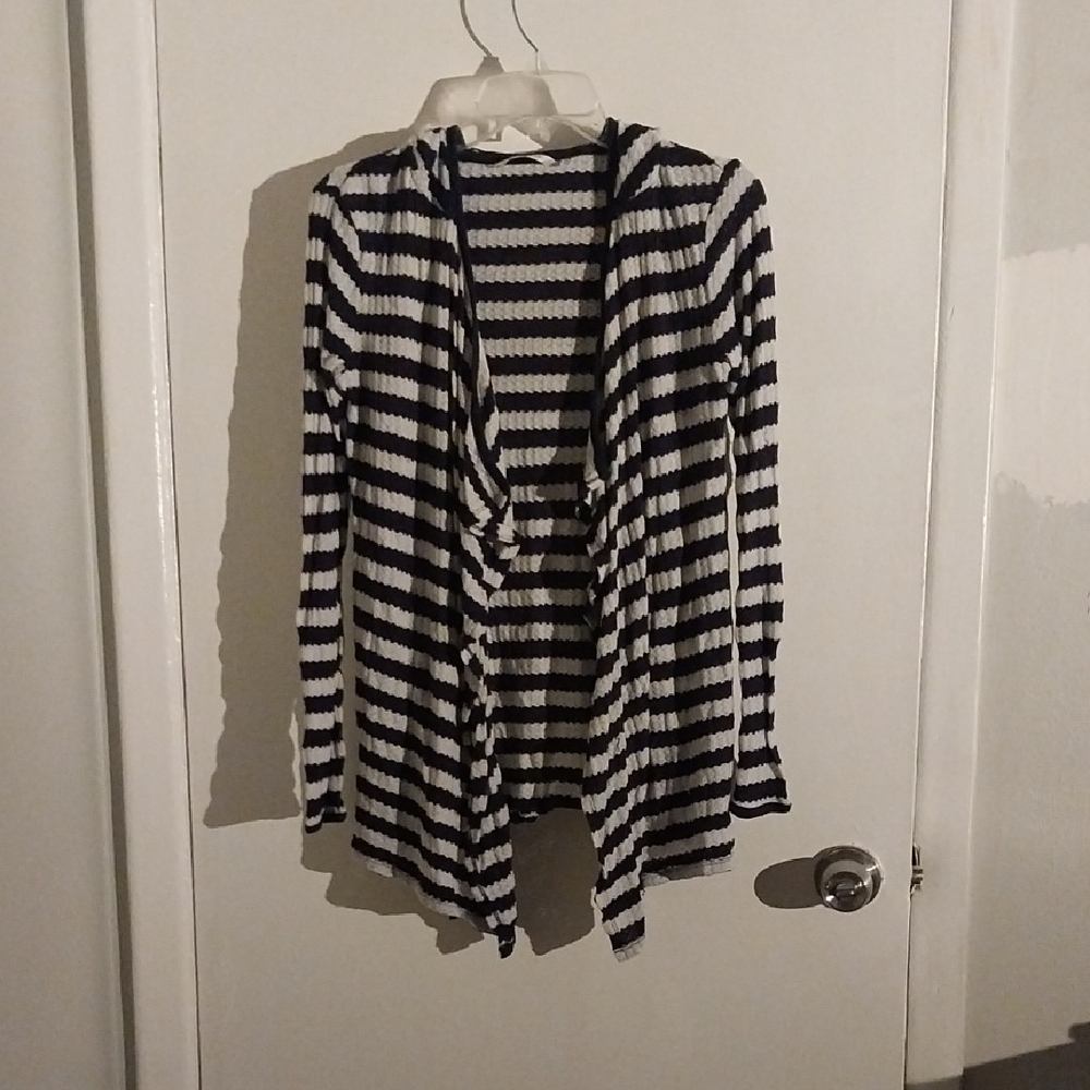 Striped Black and White Cardigan Sweater with Open Front